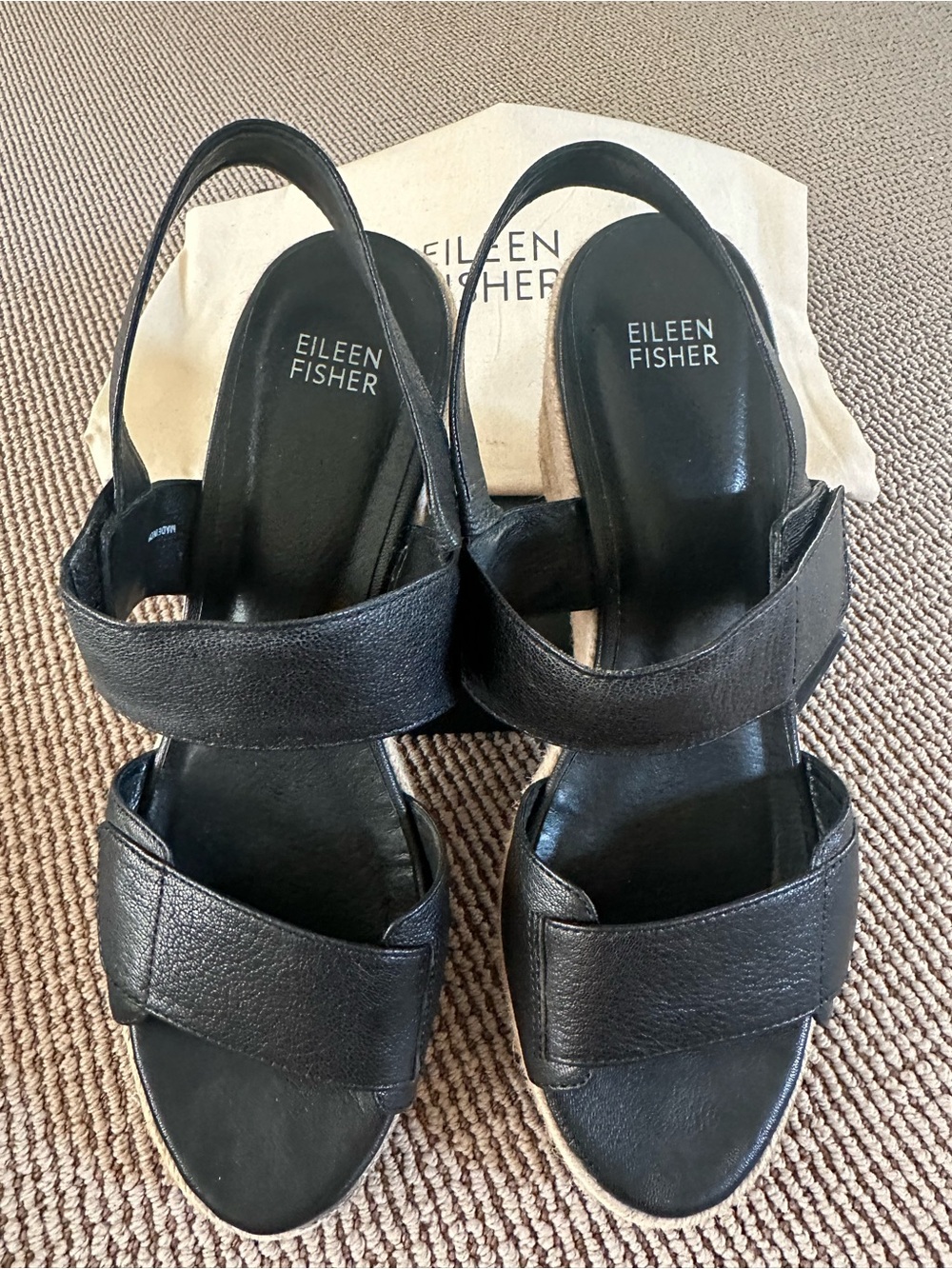 Eileen Fisher Black Leather Slingback Sandals with Wide Straps